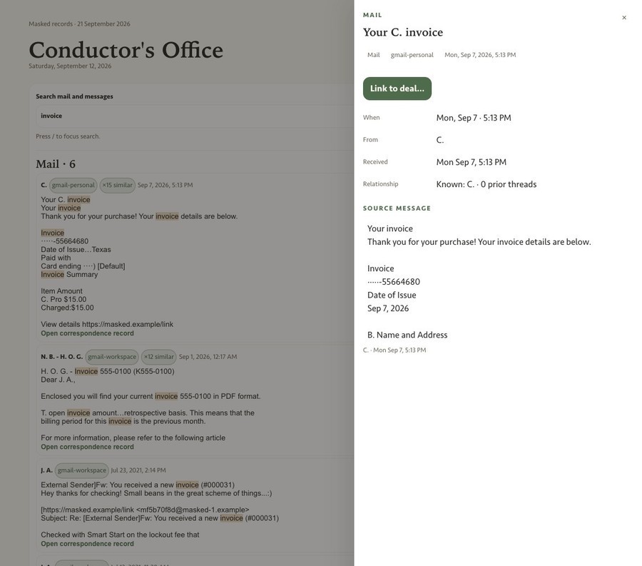 Conductor's Office · mail · masked records