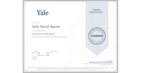 Yale University, The Science of Well-Being, course certificate, August 6, 2019